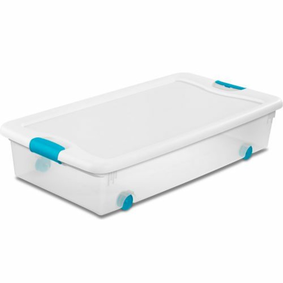 Containers & Organizers * | Sterilite 56 Quart 14988004 Wheeled Clear Storage Tote White Lid Blue Latches 33-7/8 X 18-3/4 X 7 Pkg Qty 4