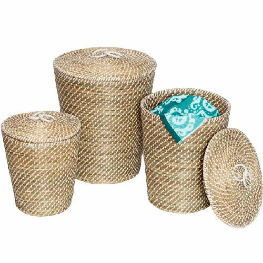 Containers & Organizers * | Honey-Can-Do 3-Piece Tall Nested Baskets With Lids Natural, White